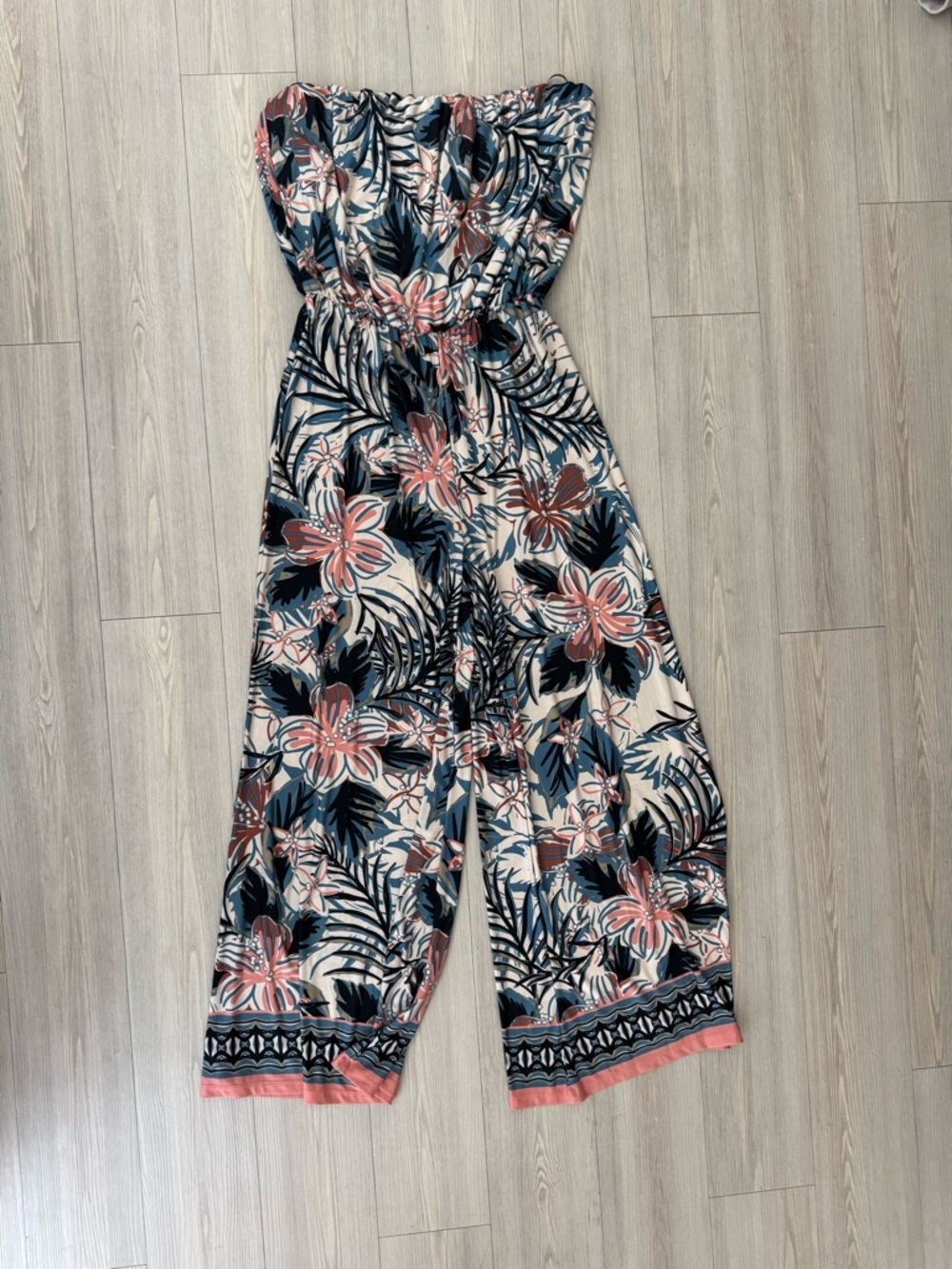 Strapless Floral Wide-Leg Jumpsuit in Cream, Navy & Coral